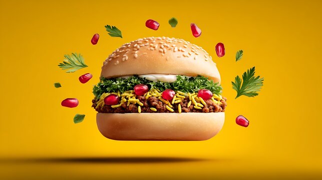 Floating Dabeli Sandwich Toppings &ndash; Pomegranate and Sev Bursting Mid-Air on Vibrant Yellow Backdrop