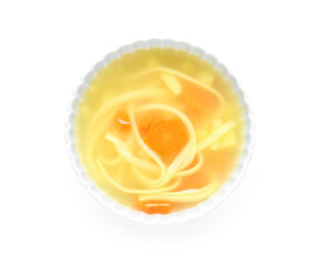 Bowl of tasty chicken soup on white background