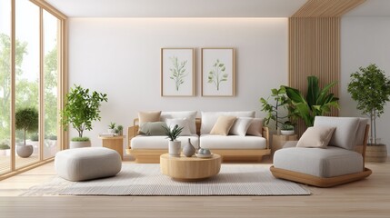 Fototapeta premium Bright and airy living room featuring natural decor, plants, and minimalist furniture for a serene atmosphere.
