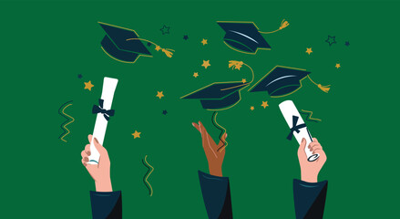 Happy graduate students hands throwing graduation caps. Hands holding diploma graduation. Silhouette high achievements. Graduation event. Flat design modern vector illustration concept