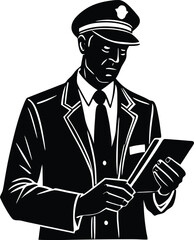 Police Officer Vector Silhouette Using Tablet in Uniform