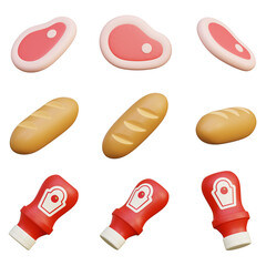 meat baguette bread ketchup 3D Icon Set