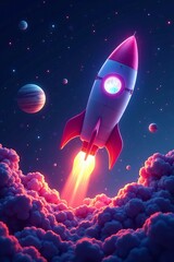 Naklejka premium Colorful holographic rocket in space with futuristic design, surrounded by stars and planets, futuristic, cosmos, technology