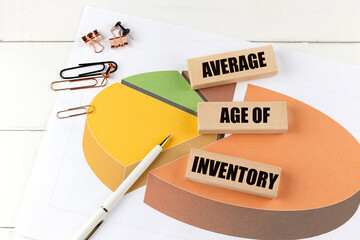 Average age of inventory text on wooden blocks with pie chart, pen and paper clips on white desk
