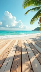 Fototapeta premium Softly weathered wood planks on a beachy deck floor with gentle sea breeze, wooden floor, empty space, driftwood