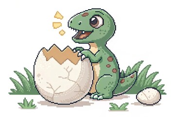Fototapeta premium Cute Baby Dinosaur Hatching from Egg Pixel Art on White Background 