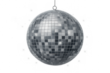 Silver disco ball gleaming, rotating against transparent backdrop, capturing festive party atmosphere and celebration energy