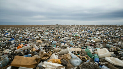 Vast Ocean Beach Covered in Plastic Waste, Bottles, and Trash, Depicting Environmental Pollution and Marine Debris Crisis on a Gloomy Day