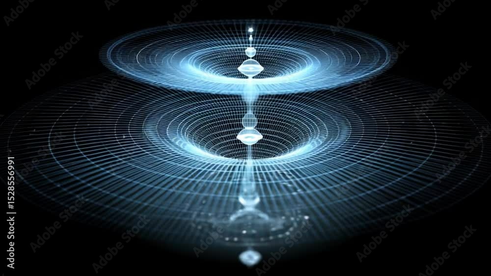 Poster abstract visualization of energy waves, spheres, and light paths in dark space with ethereal cosmic 