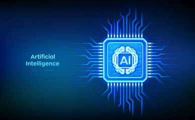 Artificial Intelligence chip with AI digital brain circuit board icon. Artificial intelligence integrated into a microprocessor. AI processor technology concept. CPU microchip. Vector illustration.