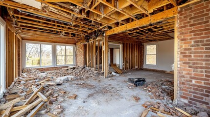 Fototapeta premium Interior view of a house under demolition, showing exposed brick walls, wooden beams, and debris on the floor.