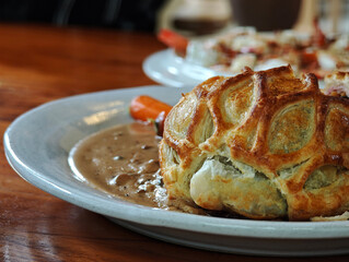 Beef Wellington served on a plate with vegetables.
