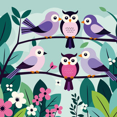 Obraz premium Birds and Owls on a Branch-Cute Cartoon Illustration-Colorful Bird Art for Kids-Whimsical Animal Illustration-Floral Background Design-Nature Inspired Art