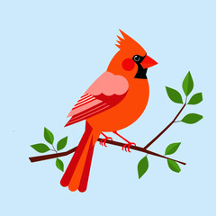 Cardinal Bird Illustration-Beautiful Red Bird Perched on a Branch with Green Leaves-Colorful Bird Art for Nature Lovers-Wildlife Image-Birdwatching Art