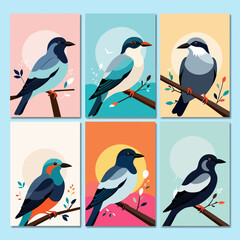 Fototapeta premium Colorful Bird Art Prints - Set of Six Avian Illustrations - Modern Home Decor - Whimsical Bird Paintings - Nature Inspired Wall Art - Unique Bird Gifts