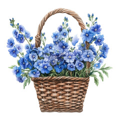 A Delphinium Flower Basket, watercolor vector, high quality, isolated on a white background.