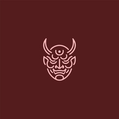 Oni mask logo in bold and intricate line art design.