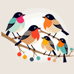 Colorful Birds on Branch Illustration- Whimsical Bird Art Print- Cute Bird Drawing for Nursery Decor- Modern Bird Motif- Playful Avian Artwork- Nature Inspired Design