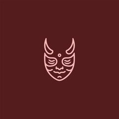 Oni mask logo in bold and intricate line art design.