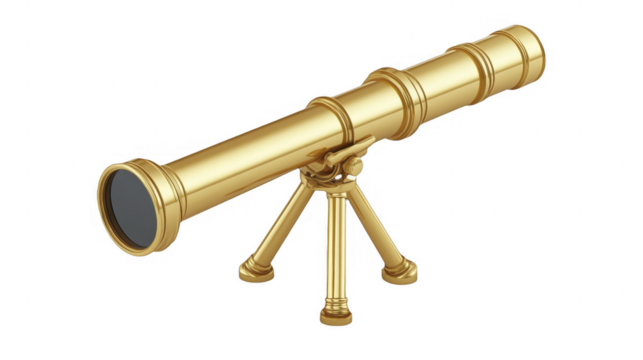 Shiny golden antique telescope with tripod, on a transparent background, PNG image, PNG file. - Powered by Adobe