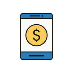 Mobile Payment App Icon with Blue Smartphone and Currency Sign in Minimal Outline Style