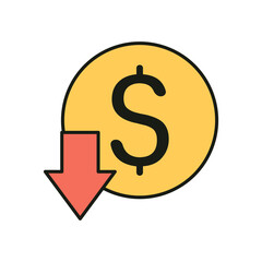 Flat Vector Graphic of Money Decrease Symbol Showing Dollar Sign and Down Arrow in Minimal Style