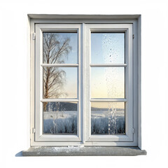 White Window Frame with Winter Landscape Reflection and Frost Isolated on Transparent Background