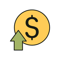 Flat Style Financial Gain Icon Showing Currency Symbol and Rising Arrow on White Background