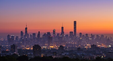 Fototapeta premium Dramatic Skyline at Twilight: Urban Panorama with Warm Light Hues Display