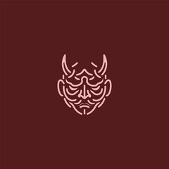 Oni mask logo in bold and intricate line art design.