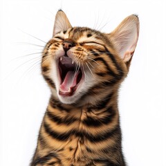 Adorable Furry Tabby Cat Yawning. Cute Bengal Pet with Funny Expression and Tiger Stripes in a Studio Portrait