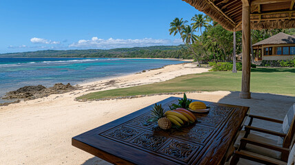 Serene Beachfront View with Wooden Table Displaying Fresh Tropical Fruits Surrounded by Lush Greenery and Calm Waves Under a Clear Blue Sky