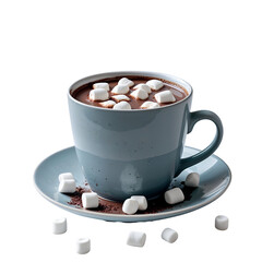 Realistic hot chocolate in speckled ceramic mug with white marshmallows and cocoa powder, warm beverage PNG with elevated view