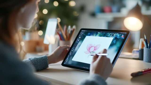 Digital tablet with floral design electronic device for creative art graphic illustration work