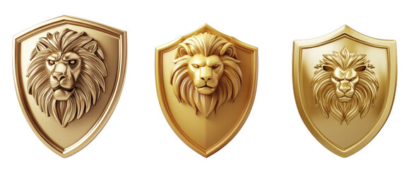 Three Golden Lion Head Emblems on Shields, on a transparent background, PNG image, PNG file.