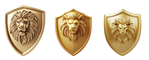 Three Golden Lion Head Emblems on Shields, on a transparent background, PNG image, PNG file.