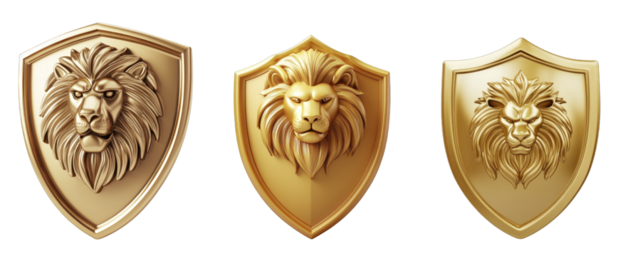 Three Golden Lion Head Emblems on Shields, on a transparent background, PNG image, PNG file.