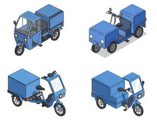 Isometric Cartoon Illustration of Blue Electric Delivery Trikes with Cargo Boxes