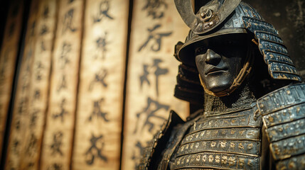Intricate Samurai Armor Displayed Against Calligraphy Background, Showcasing Tradition, Culture, and Historical Artistry in Japan's Rich Heritage