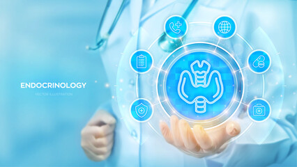 Endocrinology medical concept. Awareness of Endocrine diseases hyperthyroidism, hypothyroidism. Doctor holding in hand Thyroid gland icon and medical icons network connection. Vector illustration.