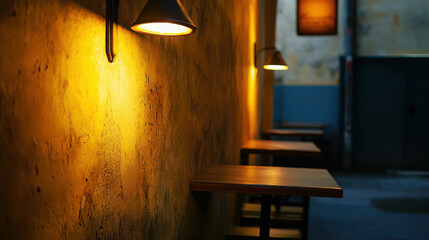 Warm Ambient Lighting in Cozy Coffee Shop with Wooden Tables and Textured Wall for a Relaxing Atmosphere