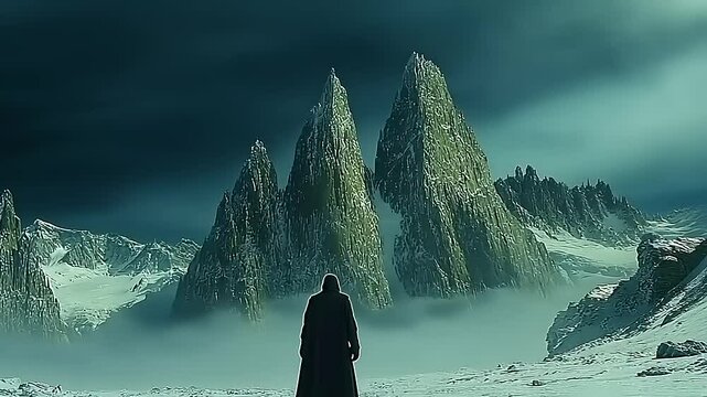Epic Journey: Solitary Figure Contemplates a Majestic Snowy Mountain Range landscape