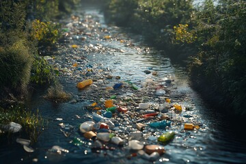 Fototapeta premium Pollution Contaminates River Ecosystem. Plastic Waste Threatens Aquatic Life and Natural Beauty