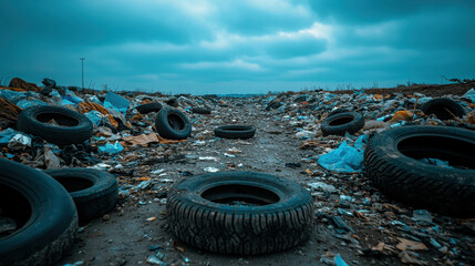 Abandoned Tires and Litter on a Desolate Road Surrounded by Dark Clouds and Overcast Skies in a Polluted Environment