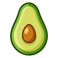 
A vibrant and simple cartoon illustration displays a single half of an avocado, featuring its bright green flesh, dark brown pit, and a slightly darker green rind, all outlined with a crisp border.