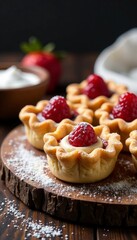 Miniature pastry pies on wooden board with decorative powdered sugar , winter wonderland, traditional british mince pie, christmas dessert