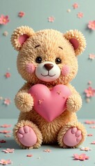 Small, cuddly bear holding a heart with a subtle floral pattern in pastel shades , Floral, Minimalist, Teddy Bear