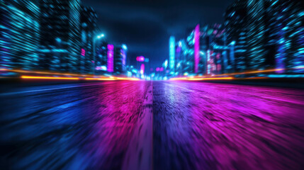 Futuristic Urban Night Scene with Bright Colorful Lights and Motion Blur in a Vibrant Cityscape with Wet Pavement and Reflections