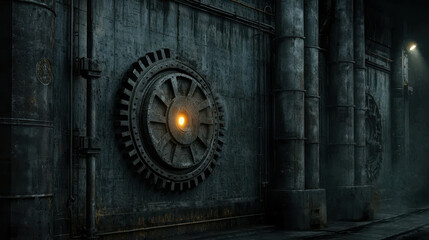Industrial wall with a large gear mechanism glowing in the dark with an ominous atmosphere, showcasing vintage engineering and urban decay aesthetics