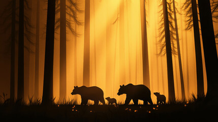 Silhouetted Family of Bears Walking Through Enchanted Forest at Dusk with Golden Rays of Light Streaming Through Tall Trees